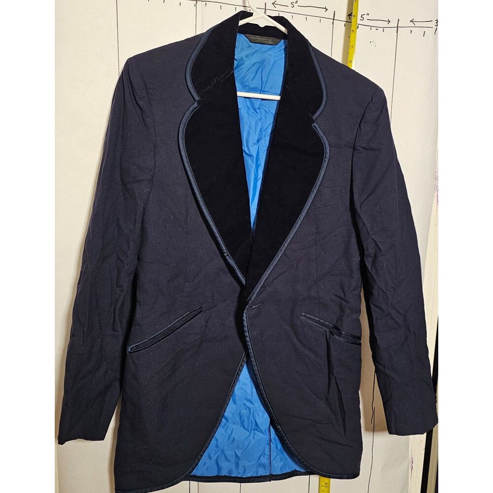 Vintage 70s Palm Beach Formal Fashions Smoking Jacket Blue Blazer Velvet Lapel